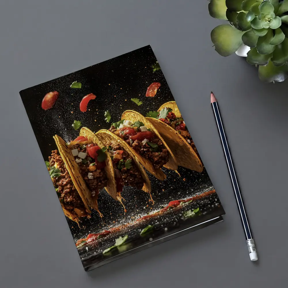 Crispy Beef Tacos Flying Dark Background – Notebooks