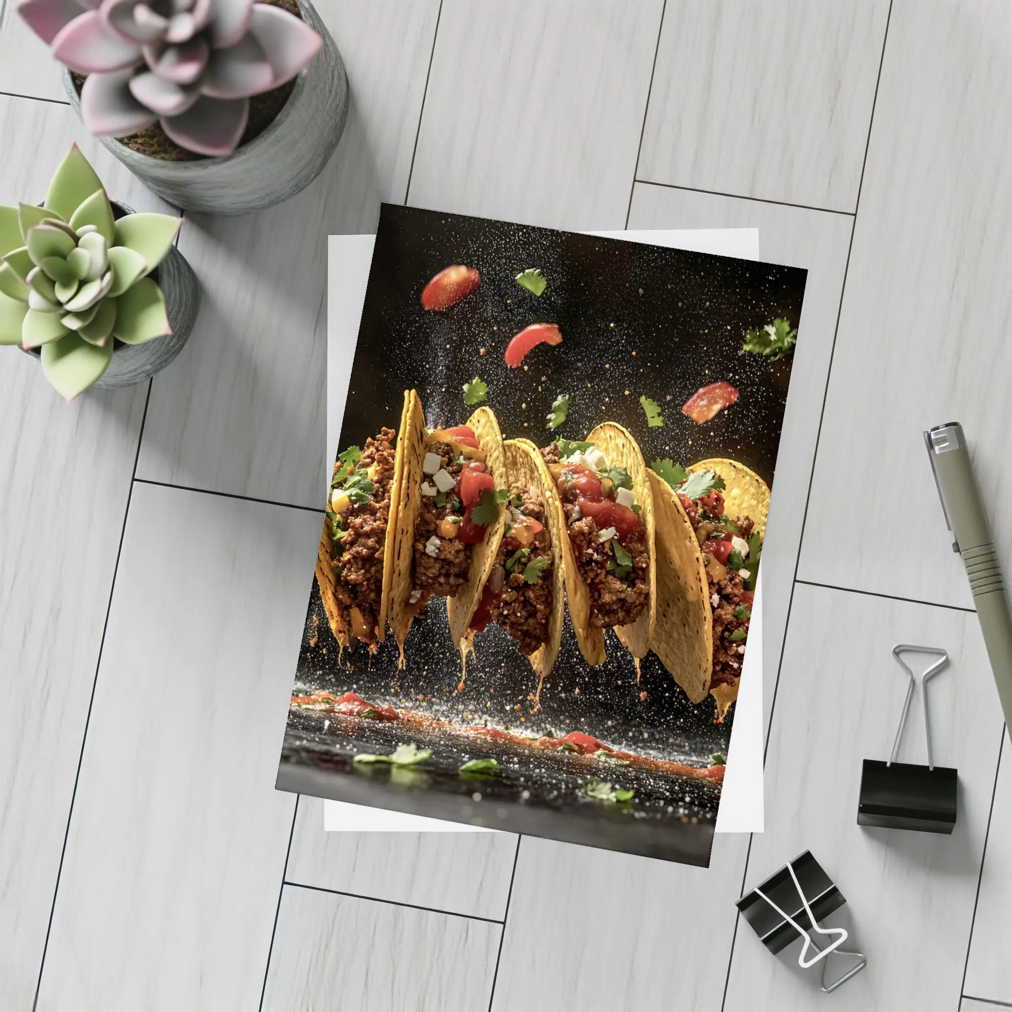 Crispy Beef Tacos Flying Dark Background – Postcards