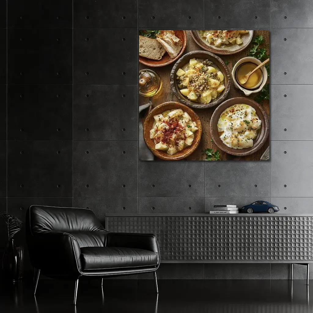 Rustic Cod Fish Dishes on Wooden Table – Wall Art