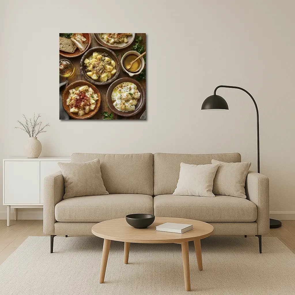 Rustic Cod Fish Dishes on Wooden Table – Wall Art