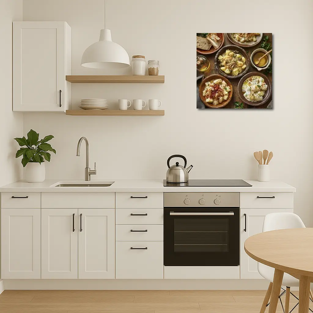 Rustic Cod Fish Dishes on Wooden Table – Wall Art