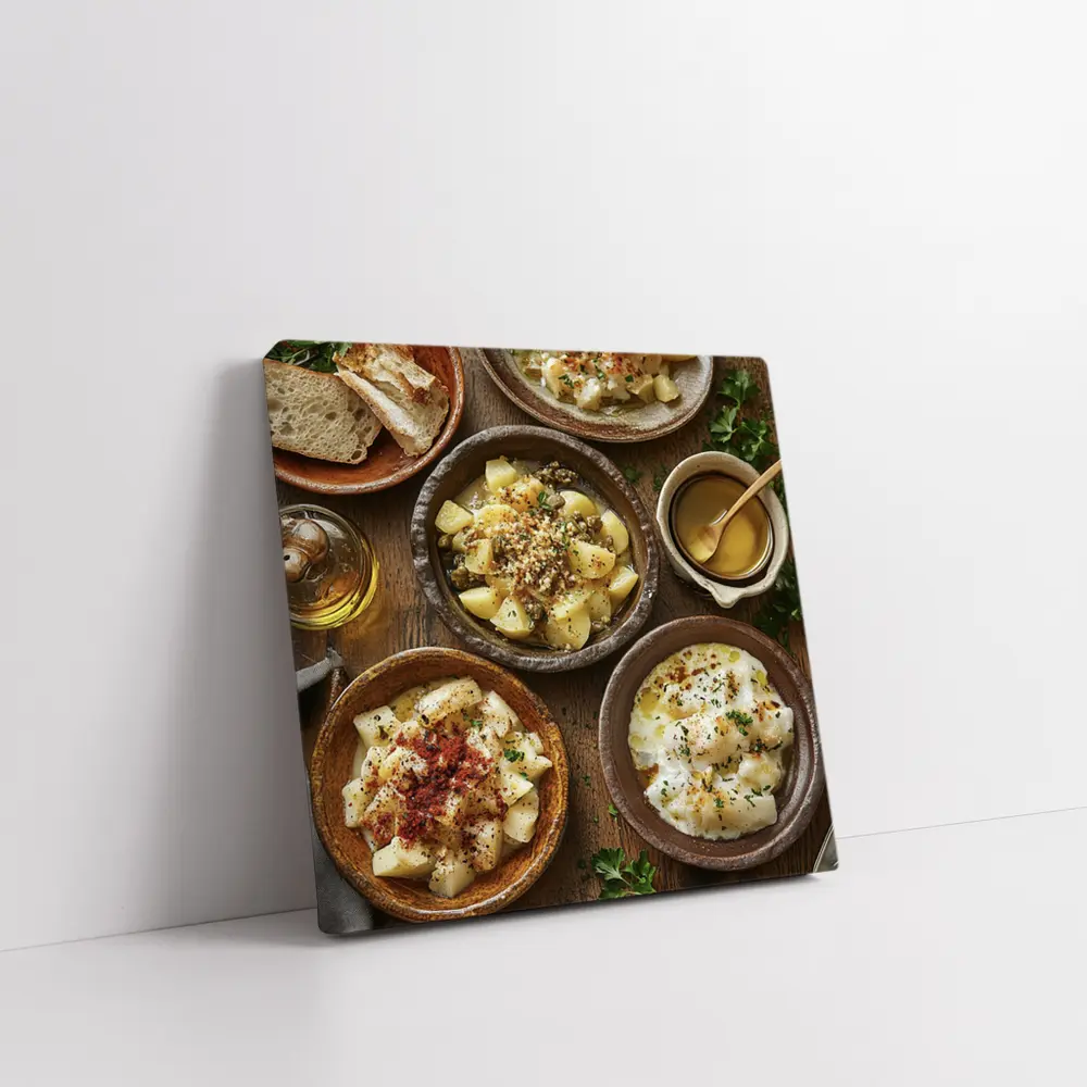 Rustic Cod Fish Dishes on Wooden Table – Wall Art