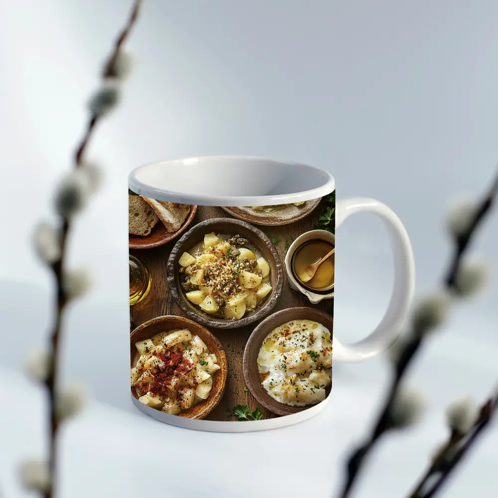 Rustic Cod Fish Dishes on Wooden Table – Mugs