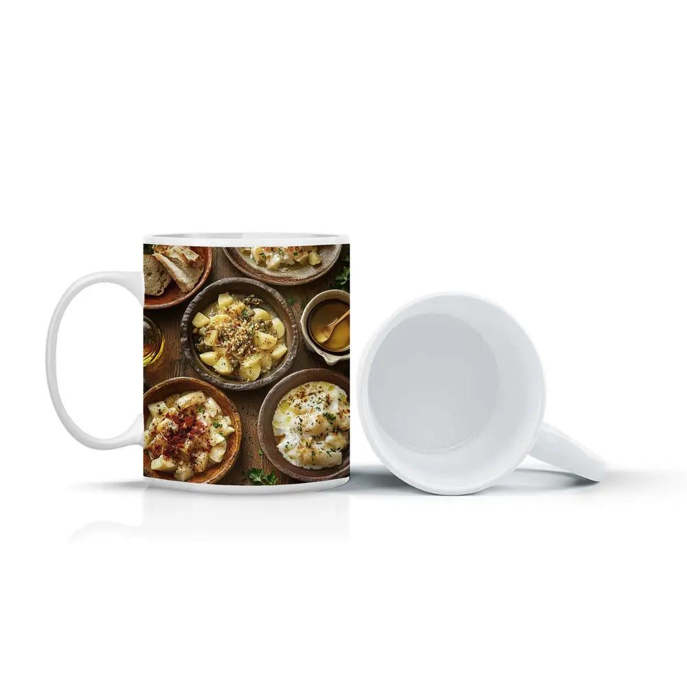Rustic Cod Fish Dishes on Wooden Table – Mugs