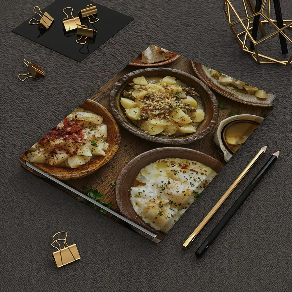 Rustic Cod Fish Dishes on Wooden Table – Notebooks