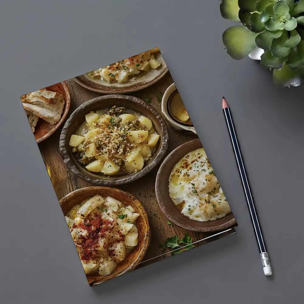 Rustic Cod Fish Dishes on Wooden Table – Notebooks