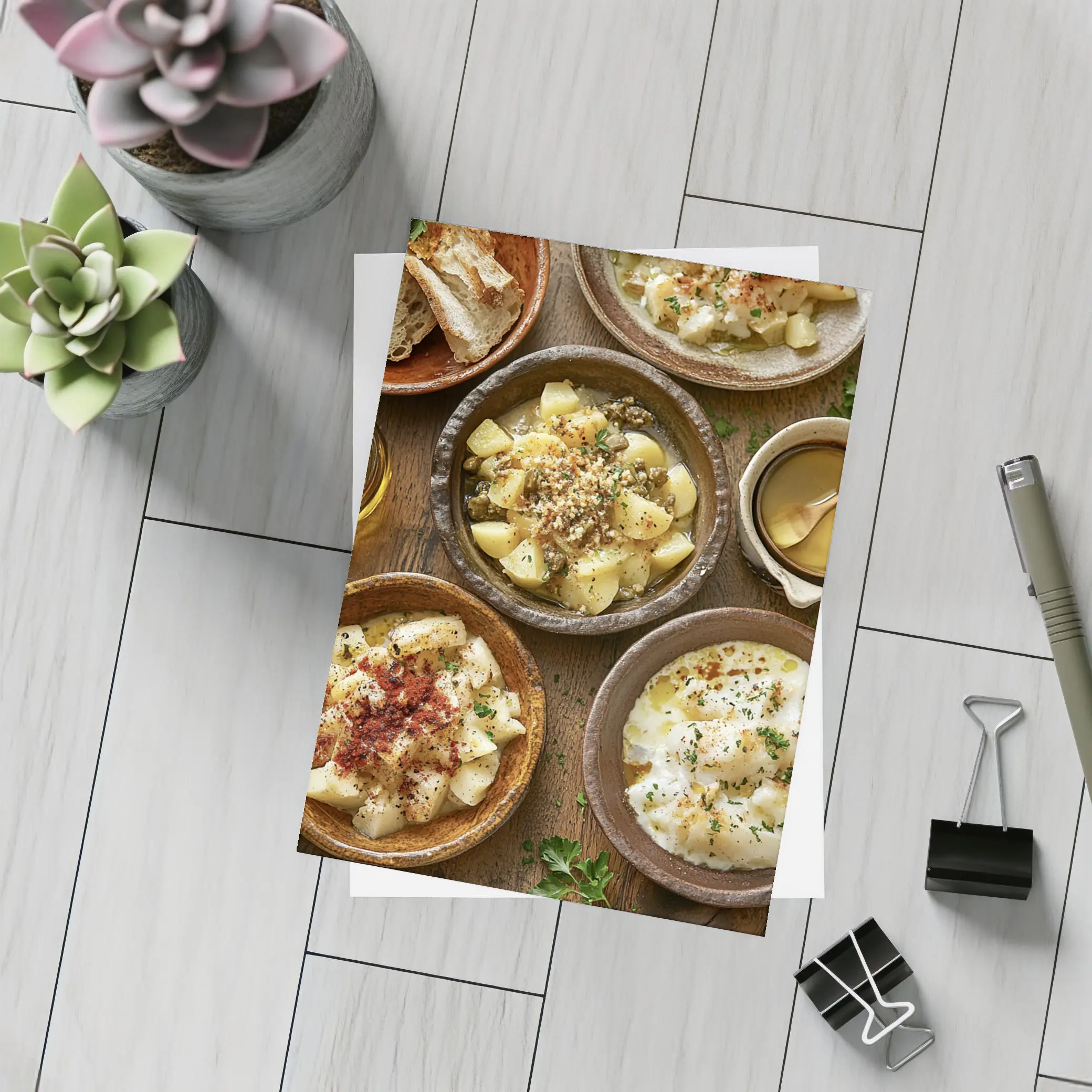 Rustic Cod Fish Dishes on Wooden Table – Postcards
