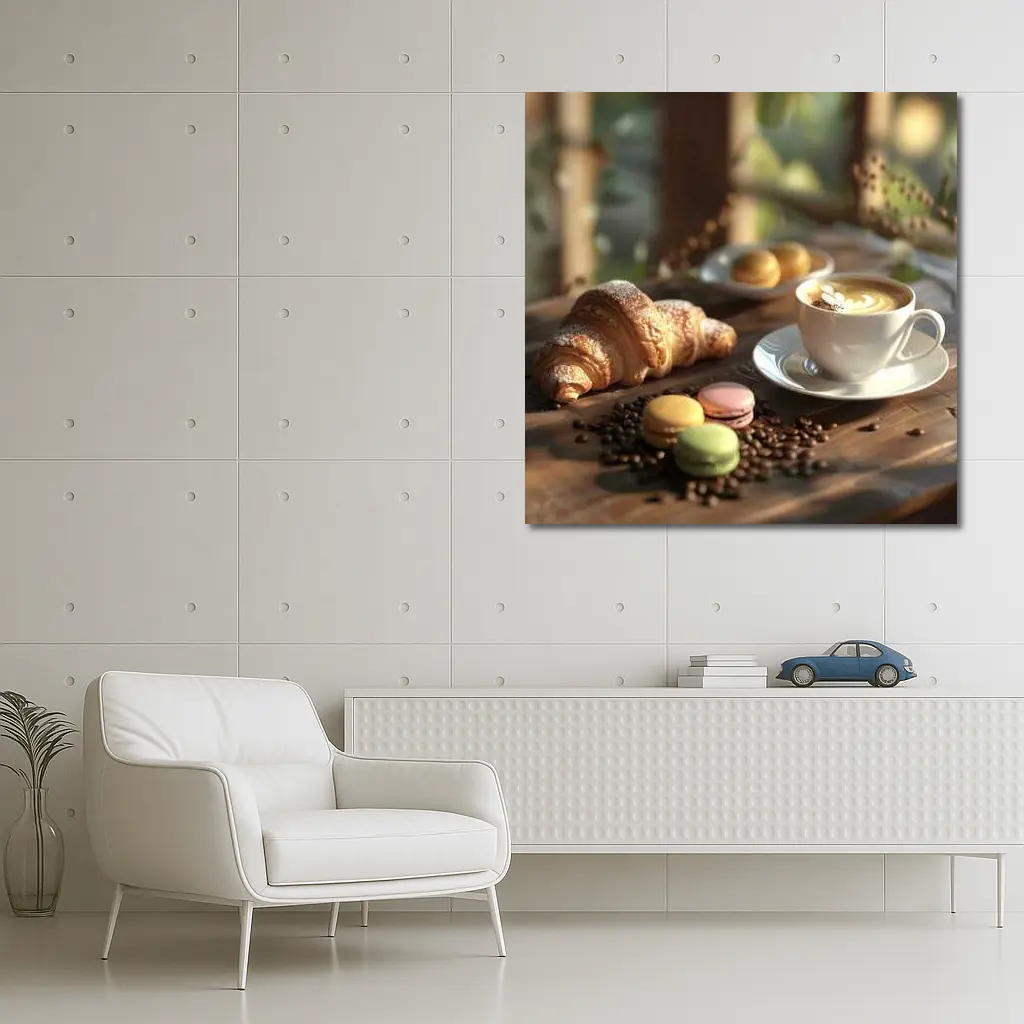 Croissant Latte Macarons Cozy Cafe Morning – Wall Art