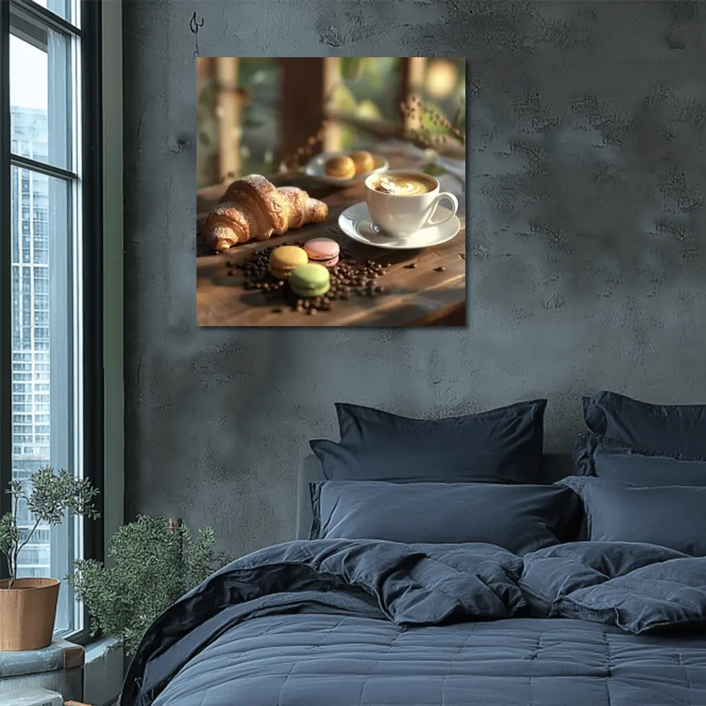Croissant Latte Macarons Cozy Cafe Morning – Wall Art