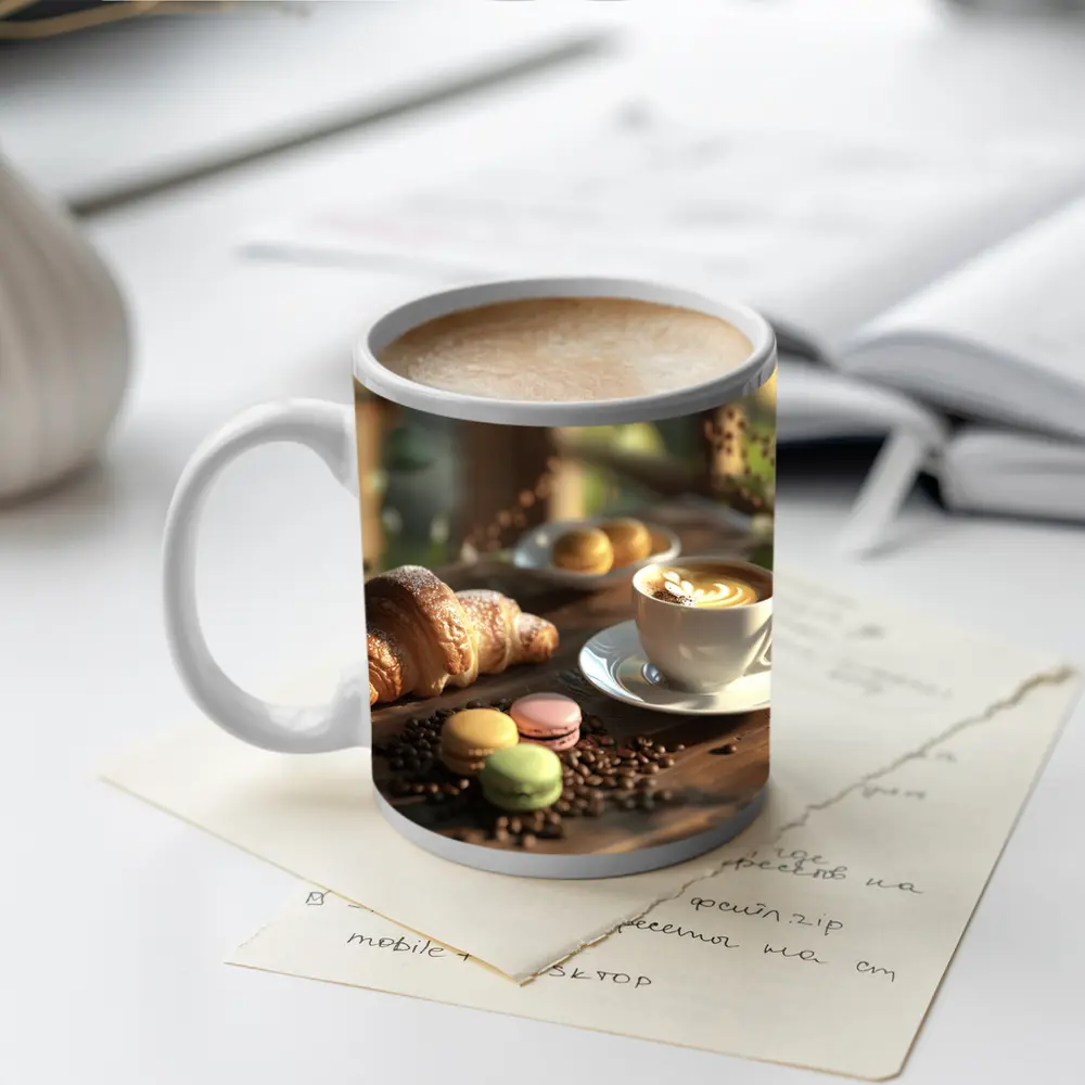 Croissant Latte Macarons Cozy Cafe Morning – Mugs