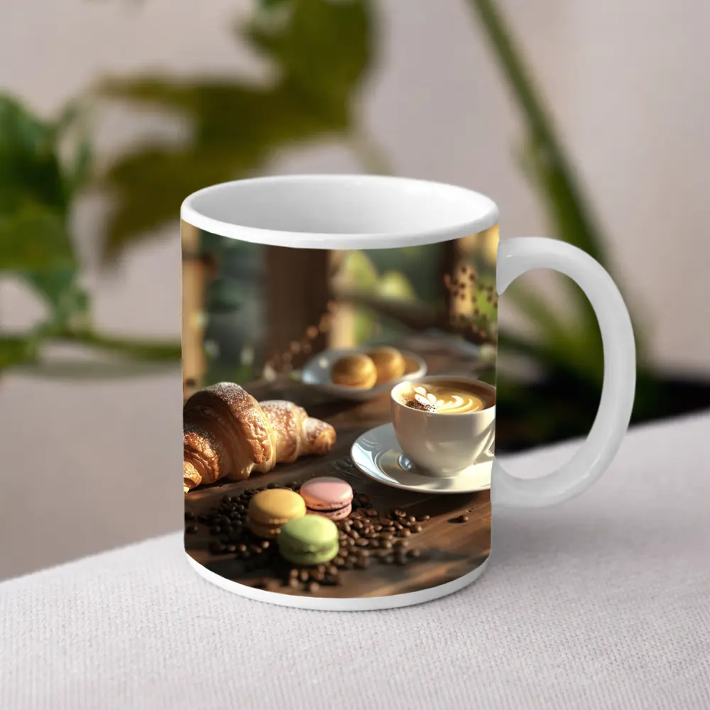 Croissant Latte Macarons Cozy Cafe Morning – Mugs