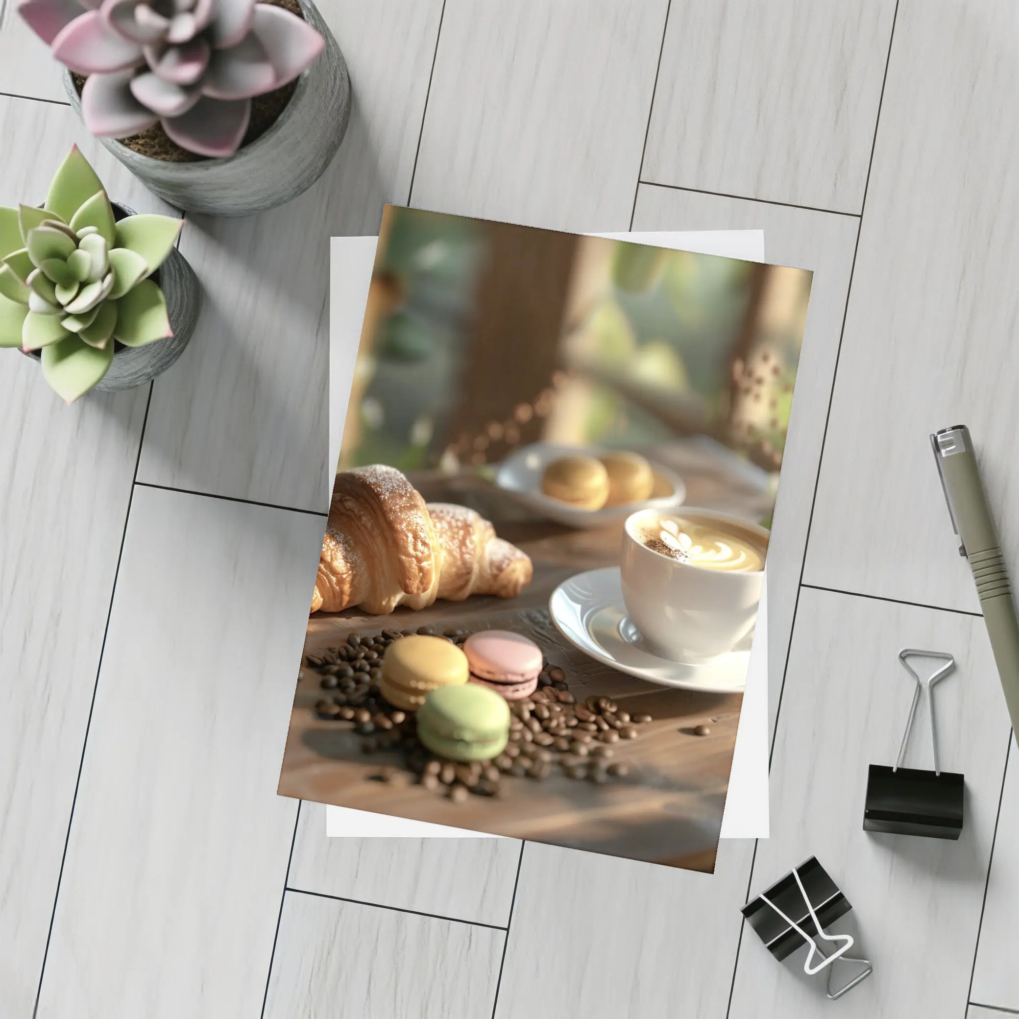 Croissant Latte Macarons Cozy Cafe Morning – Postcards