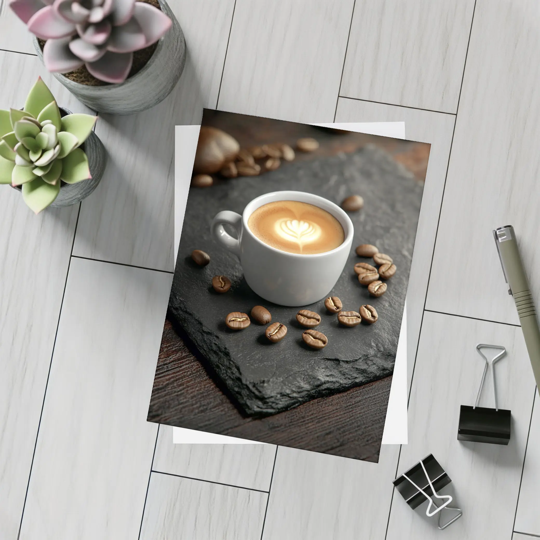 Latte Art Coffee Cup Slate Dark Wood – Postcards