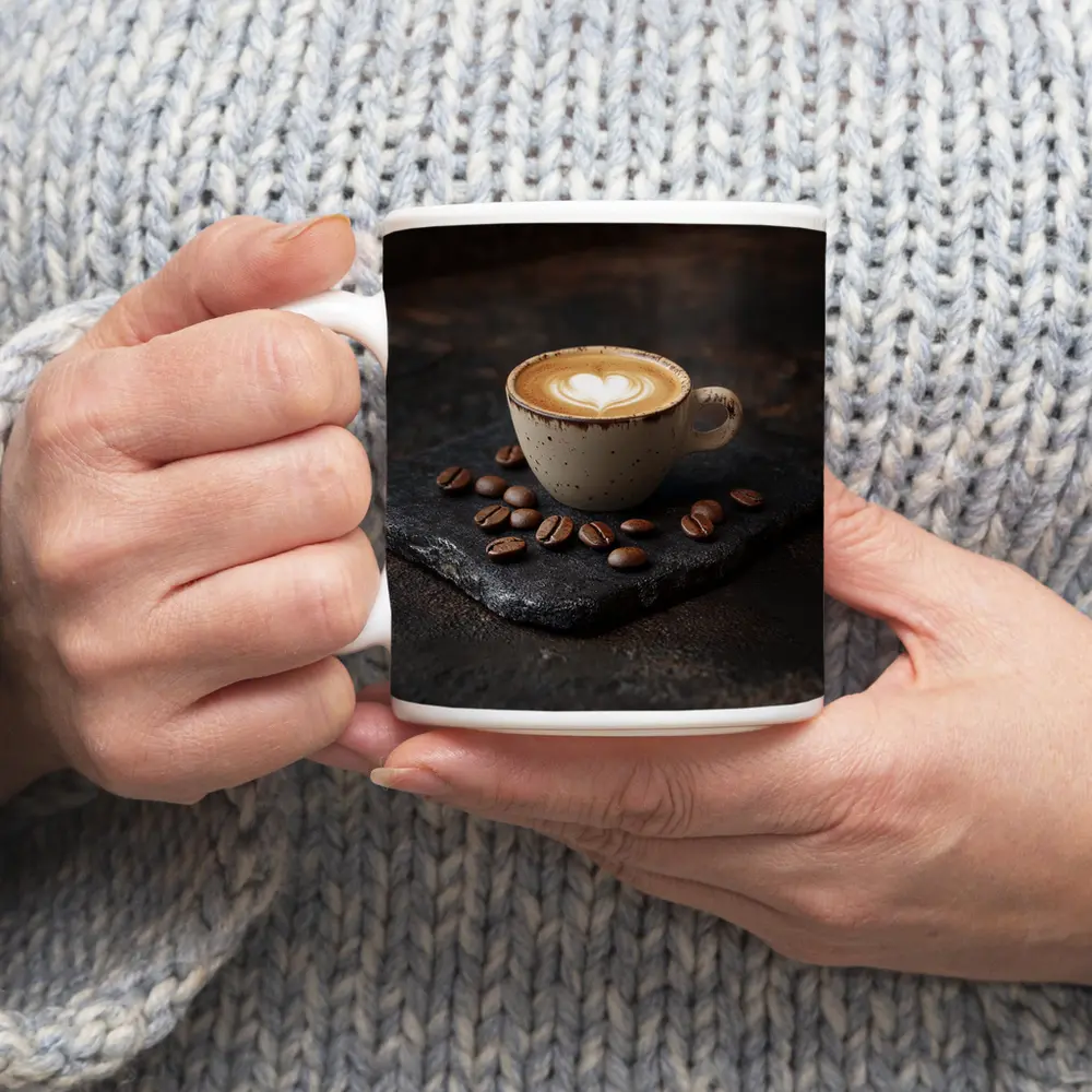 Latte Art Coffee Cup With Scattered Beans – Mugs