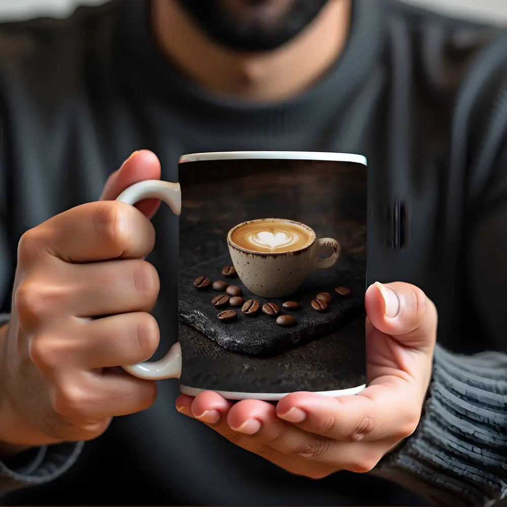 Latte Art Coffee Cup With Scattered Beans – Mugs