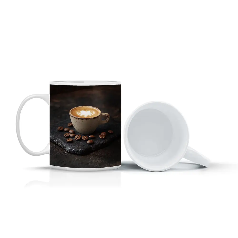 Latte Art Coffee Cup With Scattered Beans – Mugs
