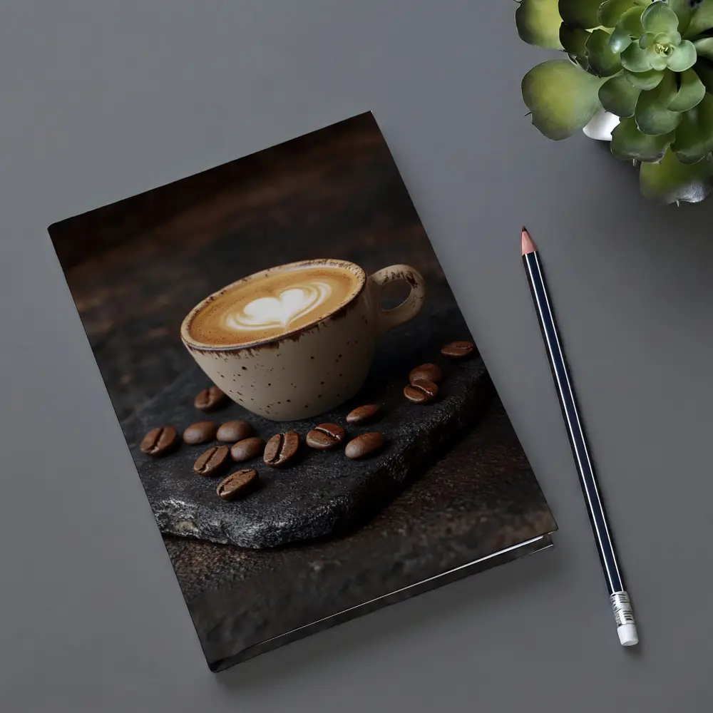 Latte Art Coffee Cup With Scattered Beans – Notebooks