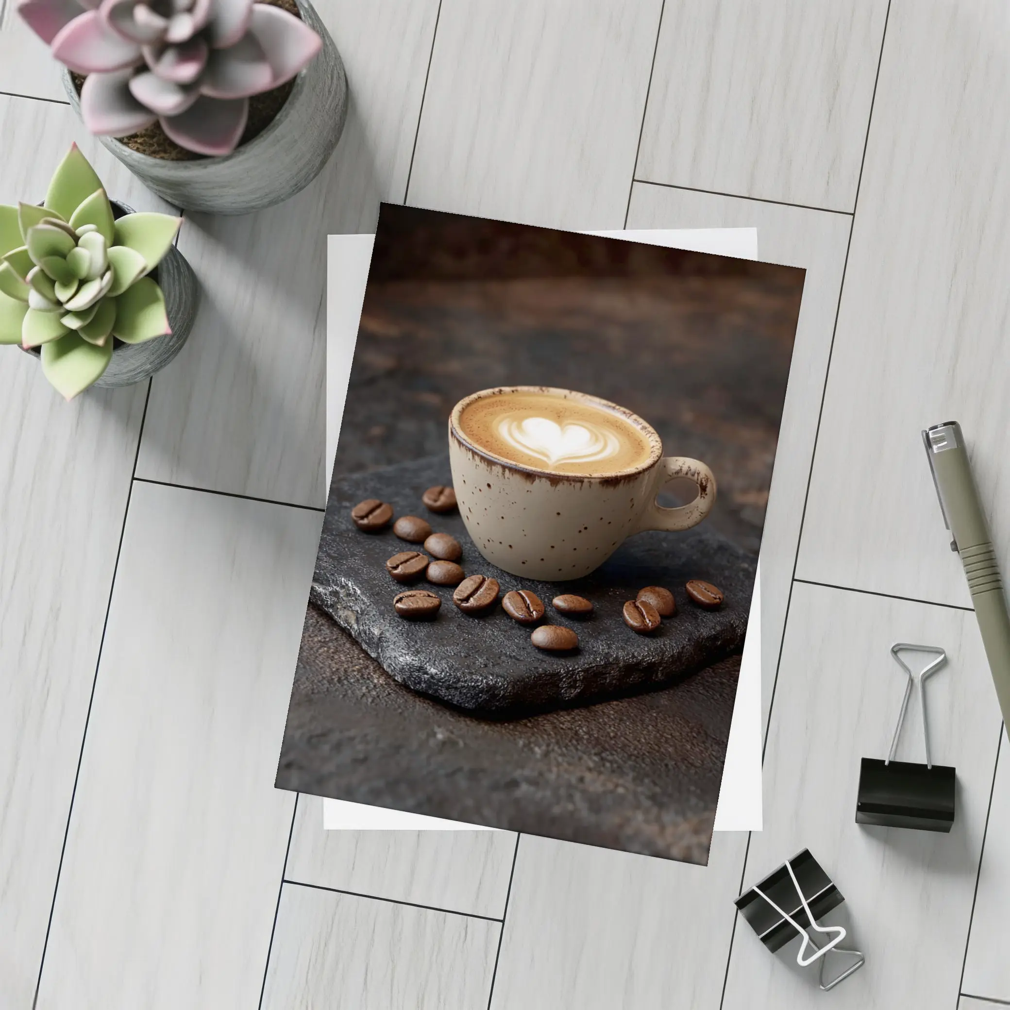 Latte Art Coffee Cup With Scattered Beans – Postcards
