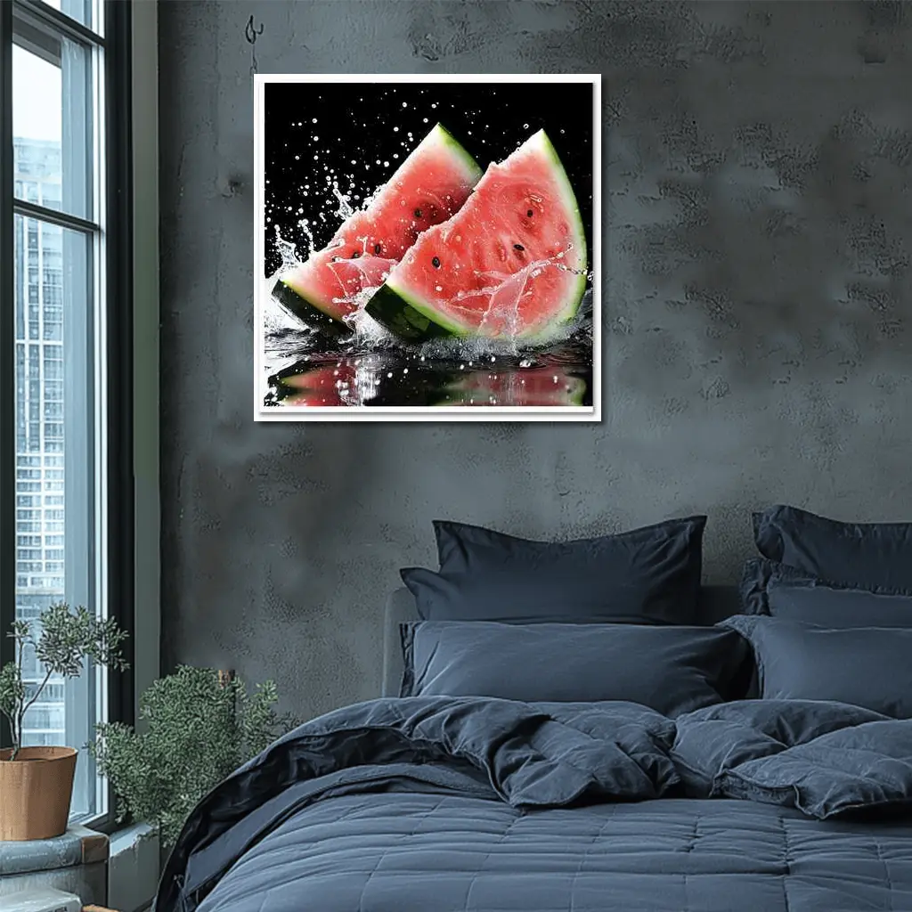 Watermelon Slices Splashing Water Black Background – Wall Art
