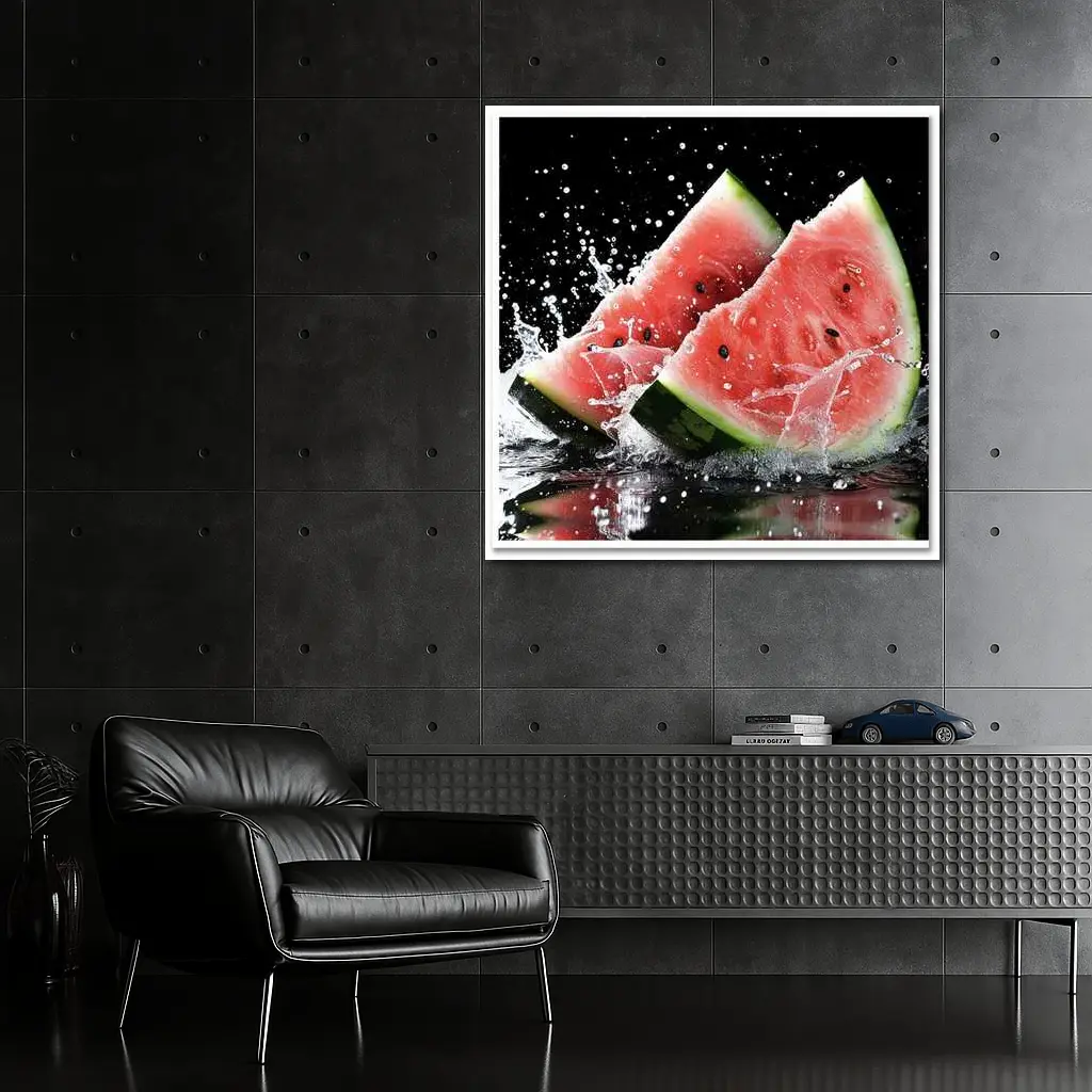 Watermelon Slices Splashing Water Black Background – Wall Art