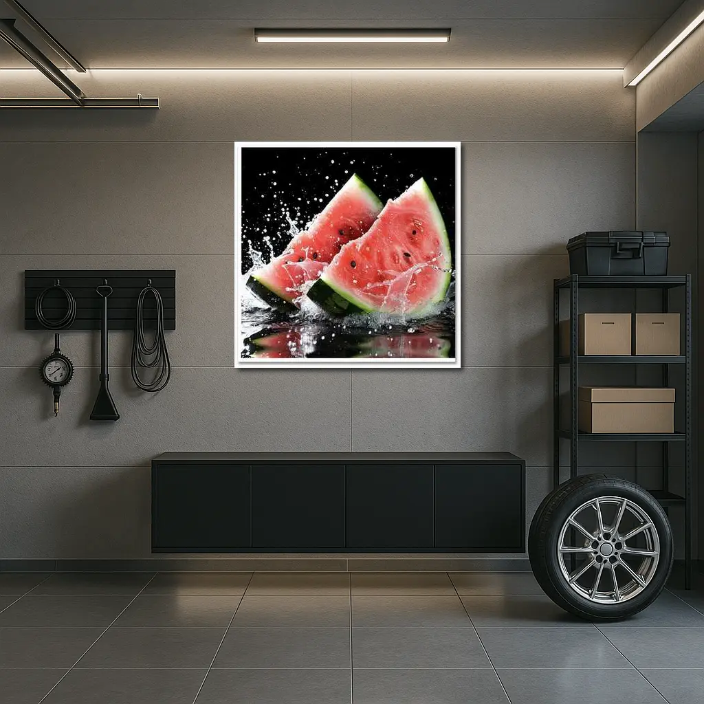 Watermelon Slices Splashing Water Black Background – Wall Art