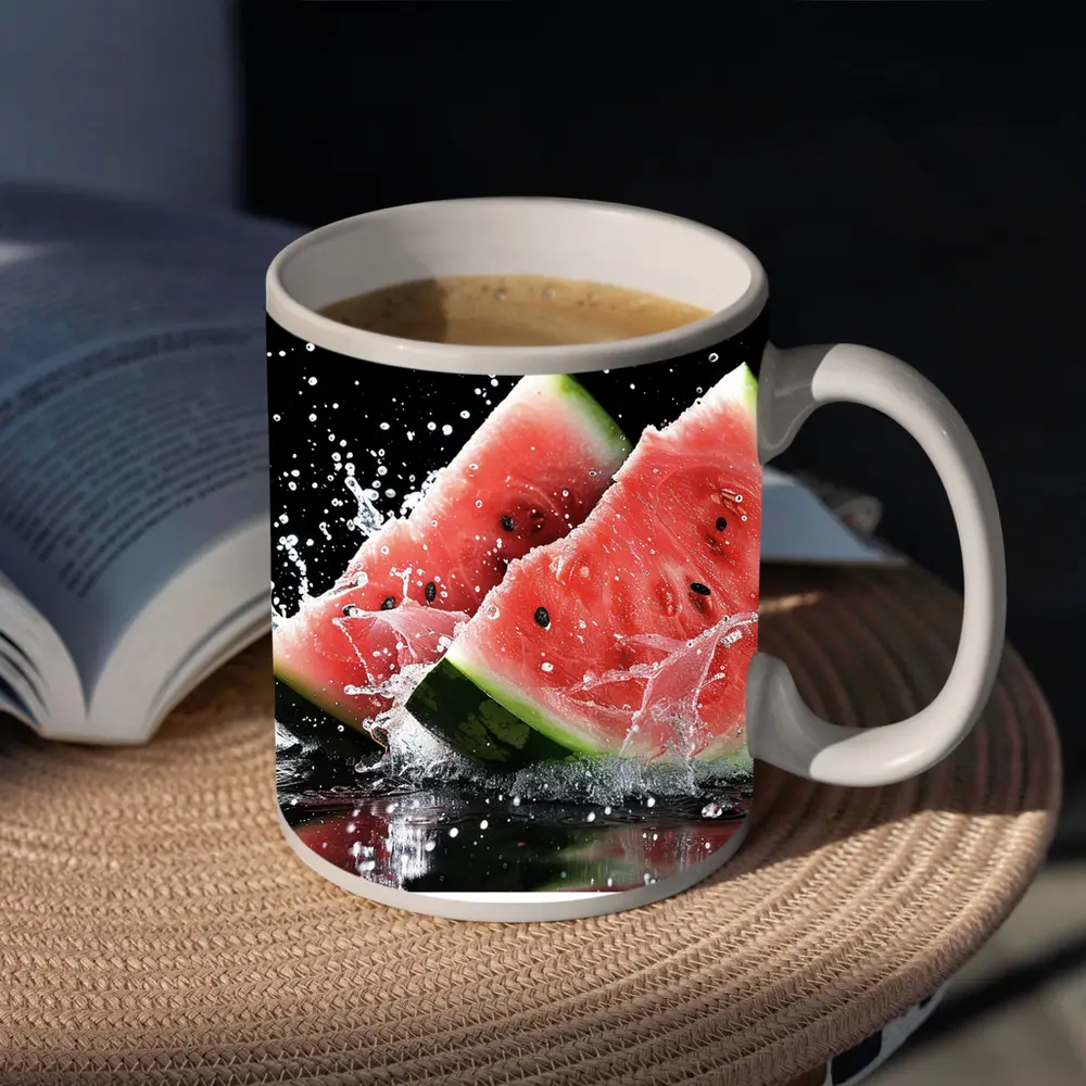 Watermelon Slices Splashing Water Black Background – Mugs