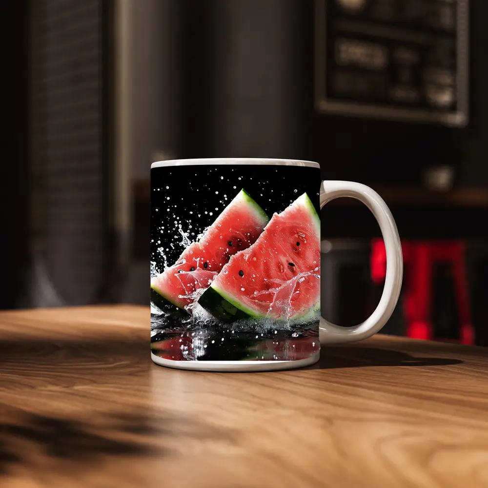 Watermelon Slices Splashing Water Black Background – Mugs