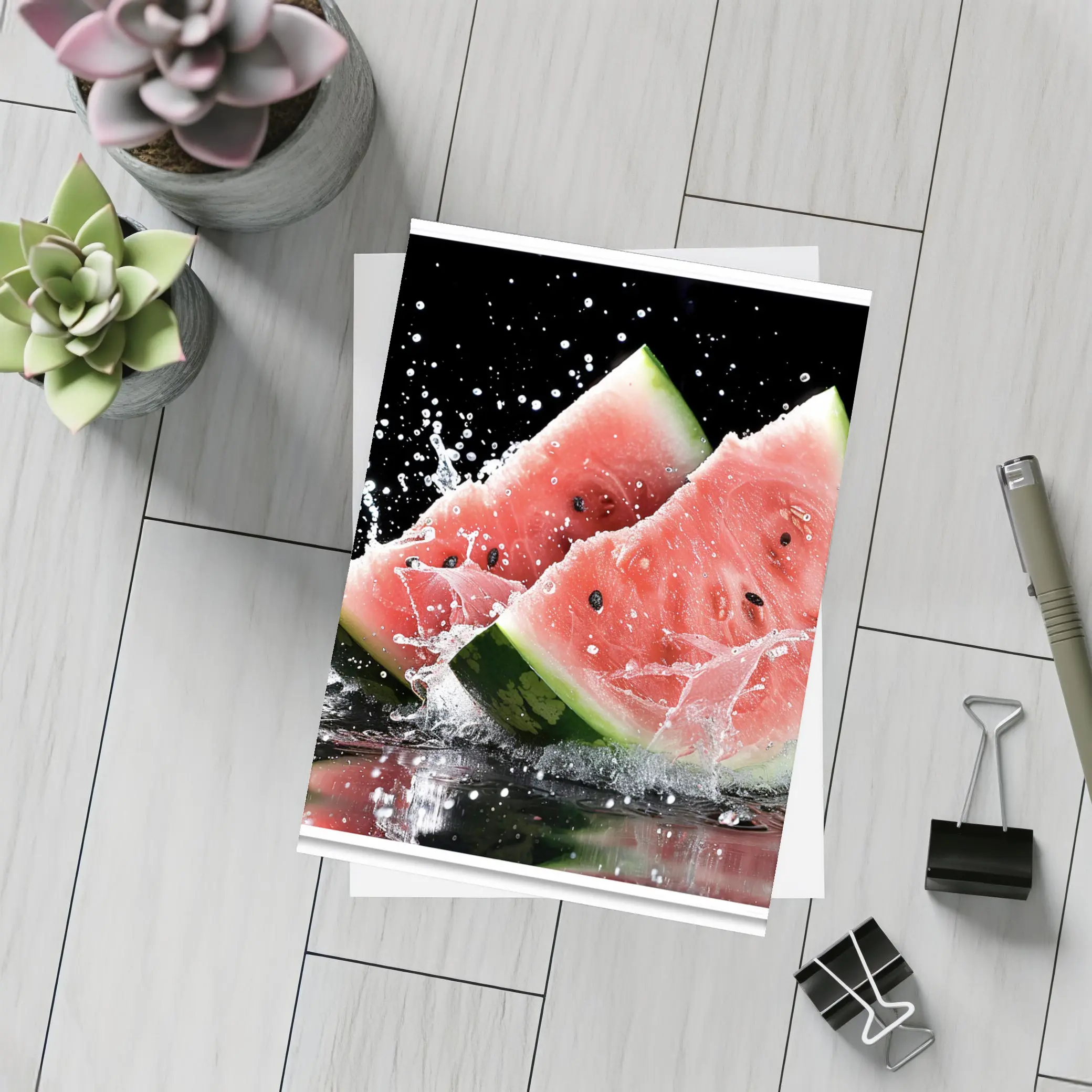 Watermelon Slices Splashing Water Black Background – Postcards