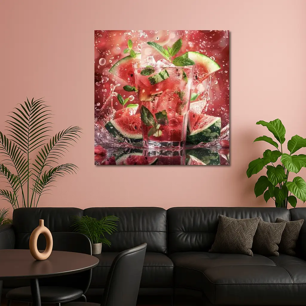 Watermelon Mint Splash Drink Red Background – Wall Art