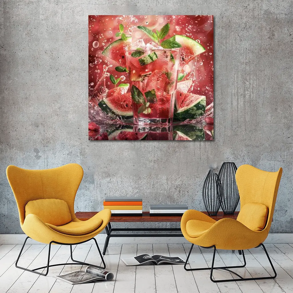 Watermelon Mint Splash Drink Red Background – Wall Art