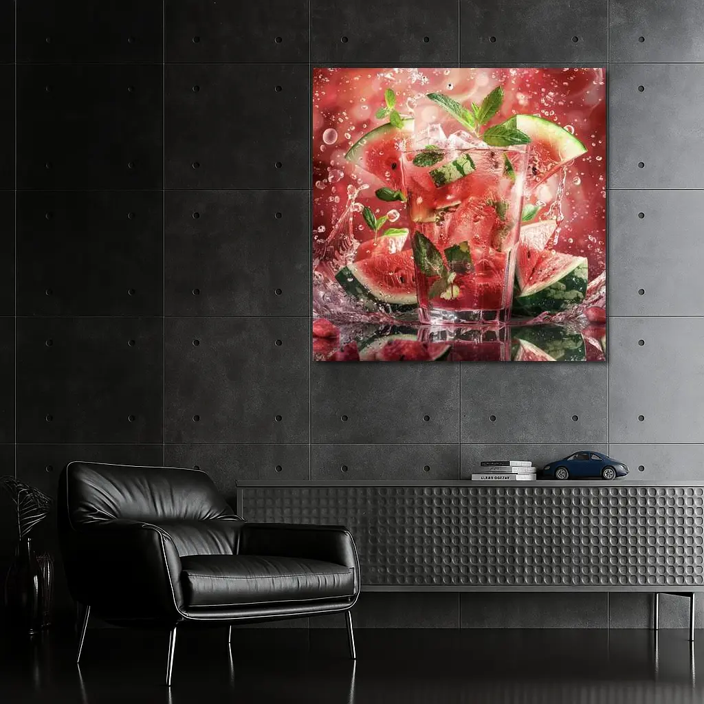 Watermelon Mint Splash Drink Red Background – Wall Art