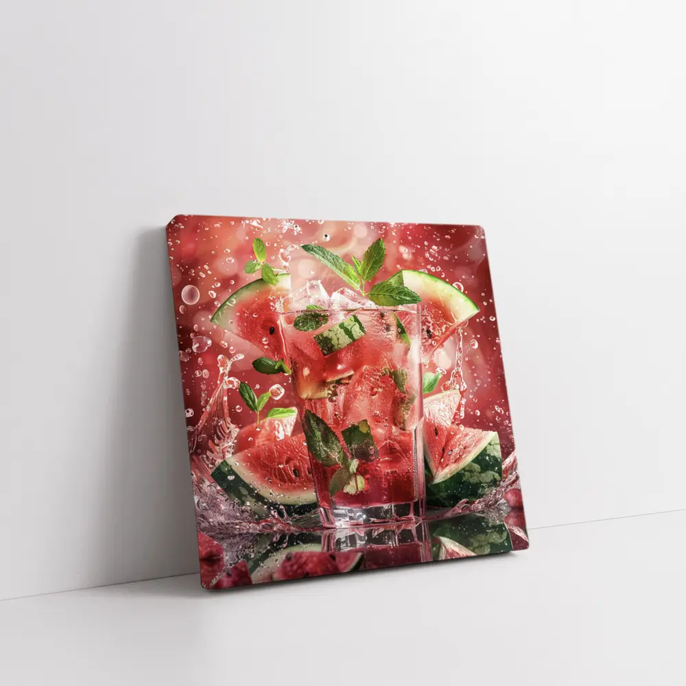 Watermelon Mint Splash Drink Red Background – Wall Art