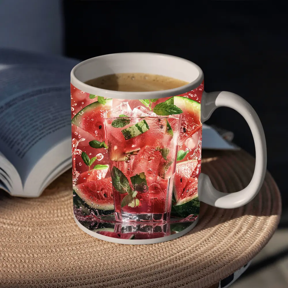 Watermelon Mint Splash Drink Red Background – Mugs