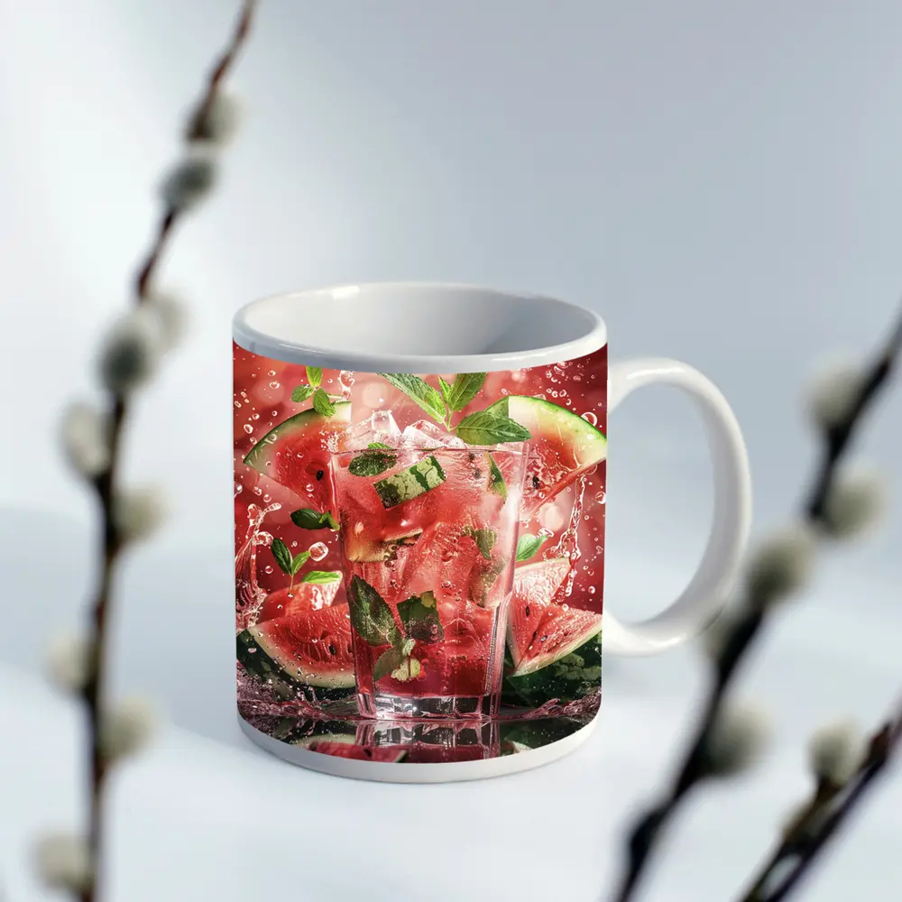 Watermelon Mint Splash Drink Red Background – Mugs