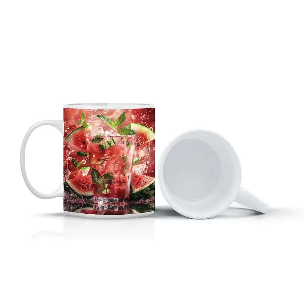 Watermelon Mint Splash Drink Red Background – Mugs