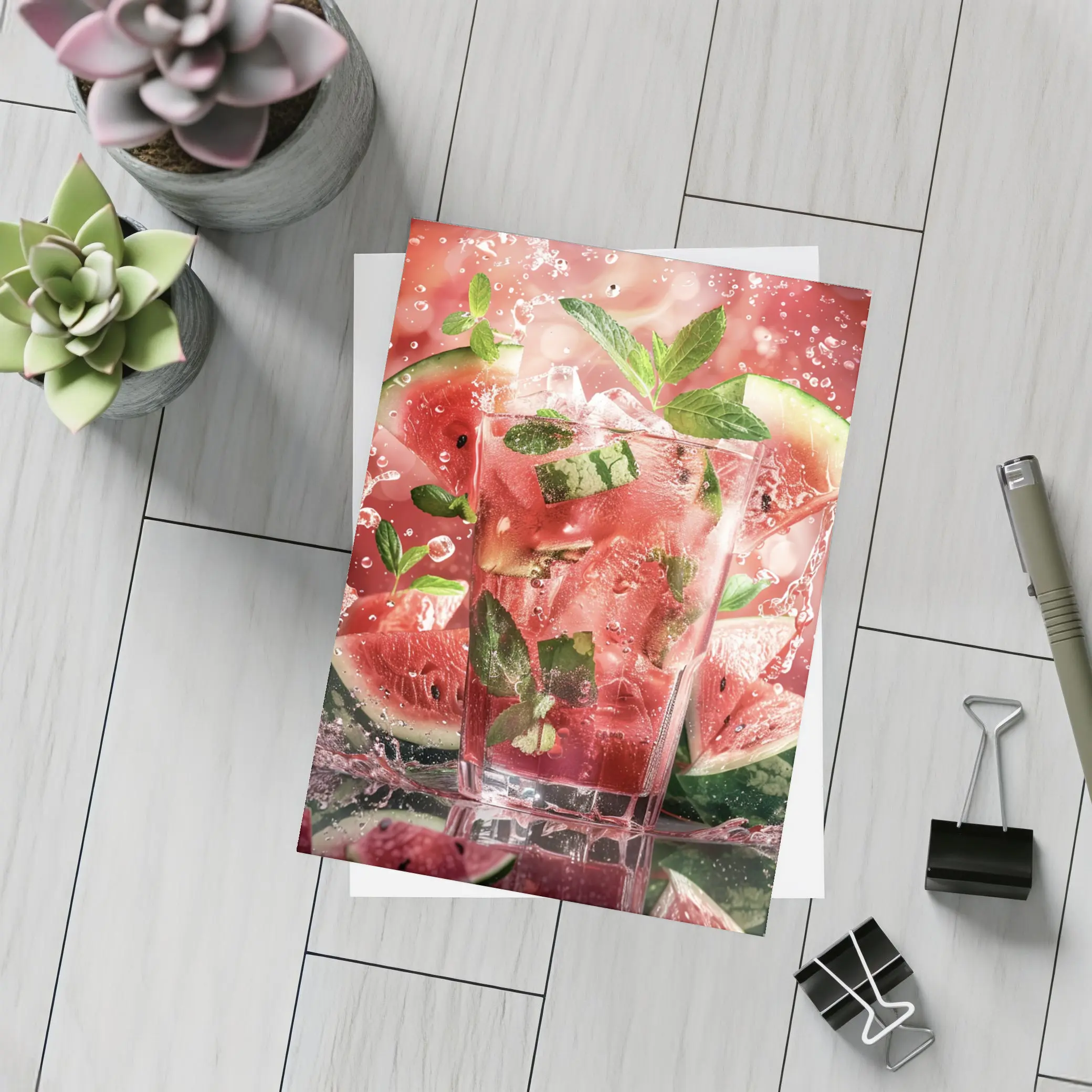 Watermelon Mint Splash Drink Red Background – Postcards