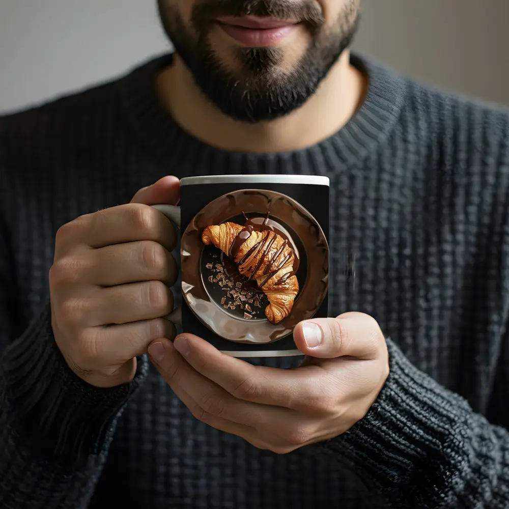 Chocolate Drizzle Croissant On Dark Plate – Mugs