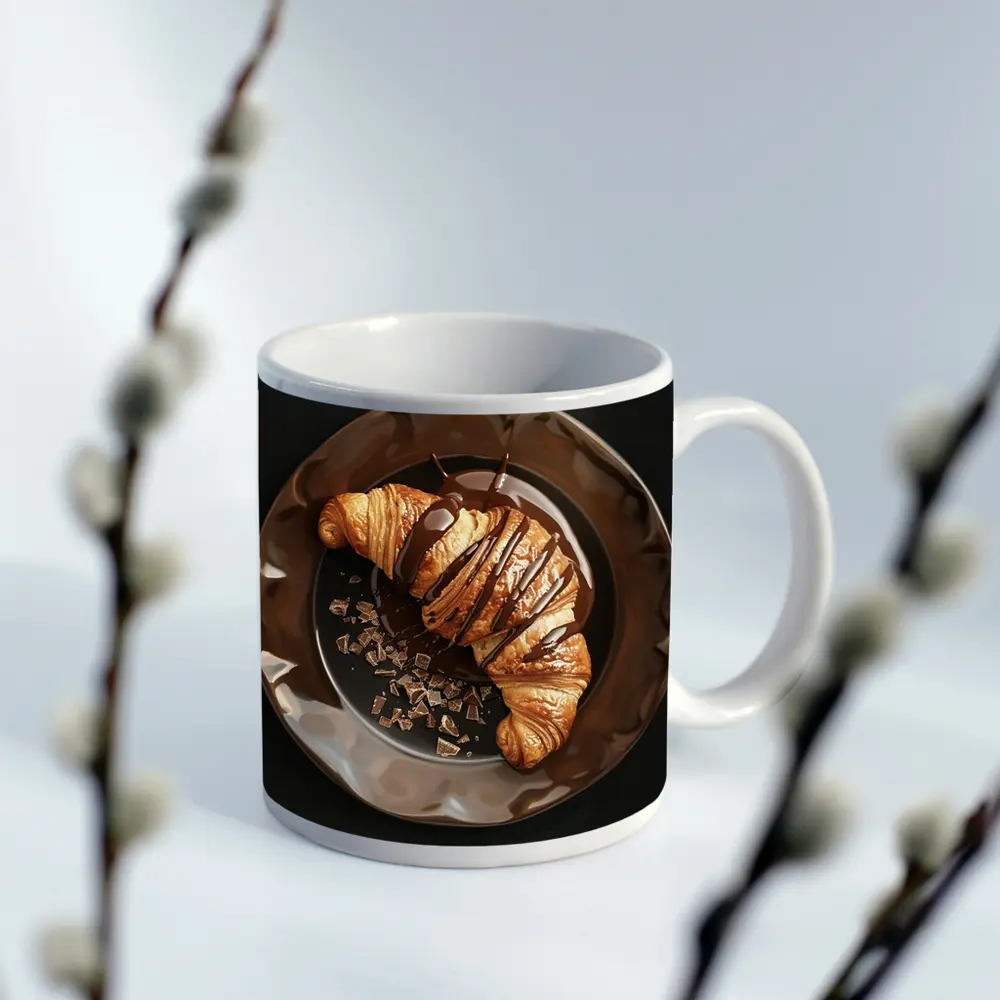 Chocolate Drizzle Croissant On Dark Plate – Mugs
