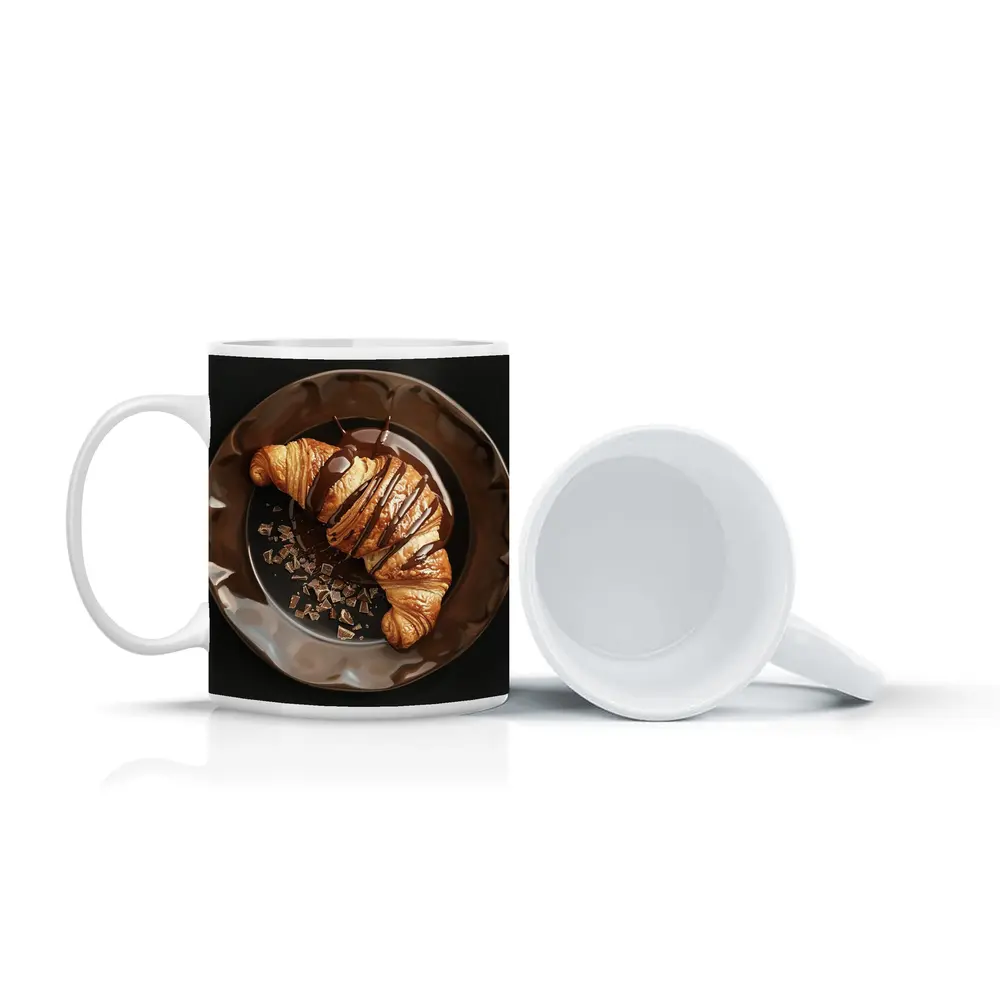 Chocolate Drizzle Croissant On Dark Plate – Mugs