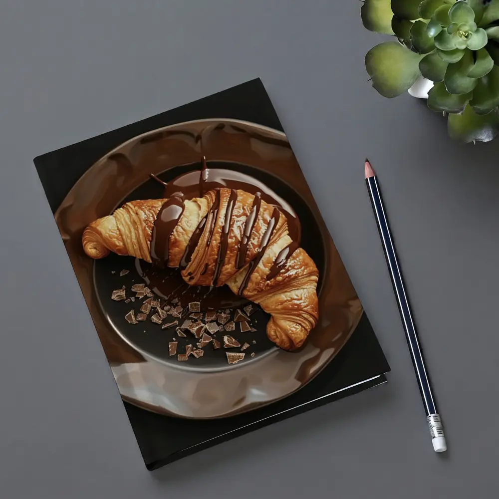 Chocolate Drizzle Croissant On Dark Plate – Notebooks