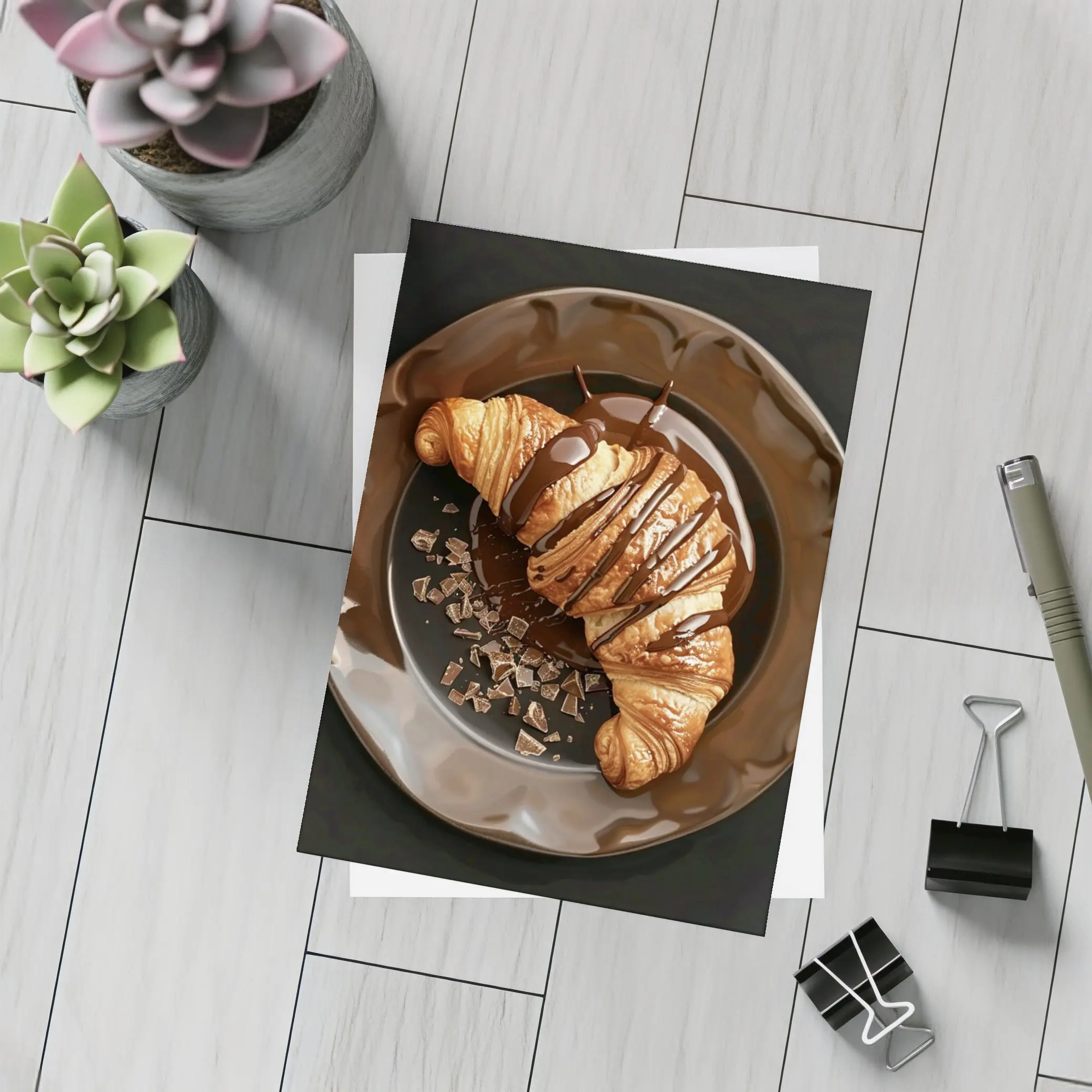 Chocolate Drizzle Croissant On Dark Plate – Postcards