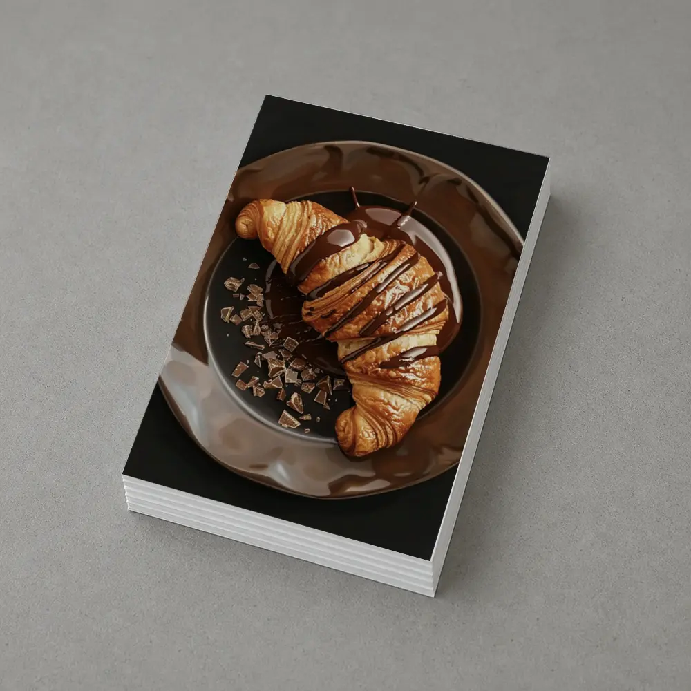Chocolate Drizzle Croissant On Dark Plate – Postcards