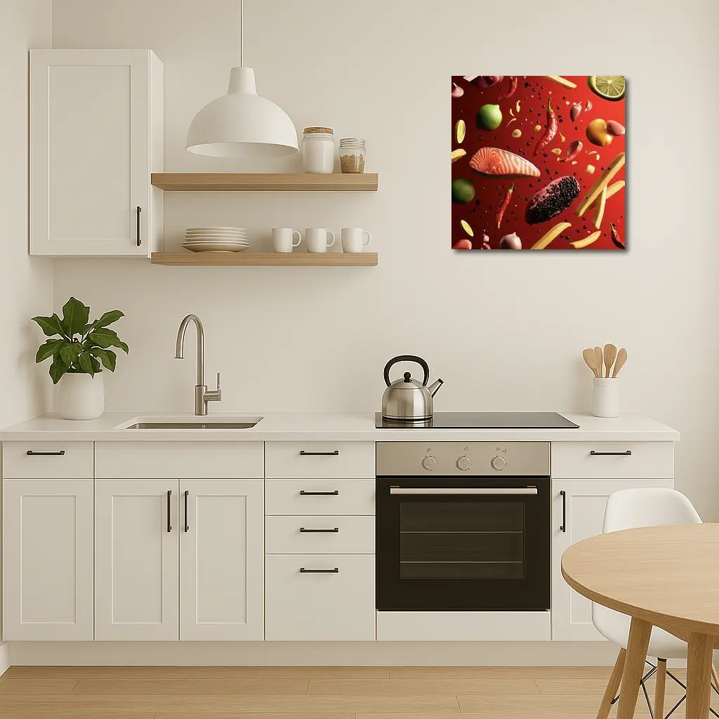 Flying Food Ingredients On Red Background – Wall Art