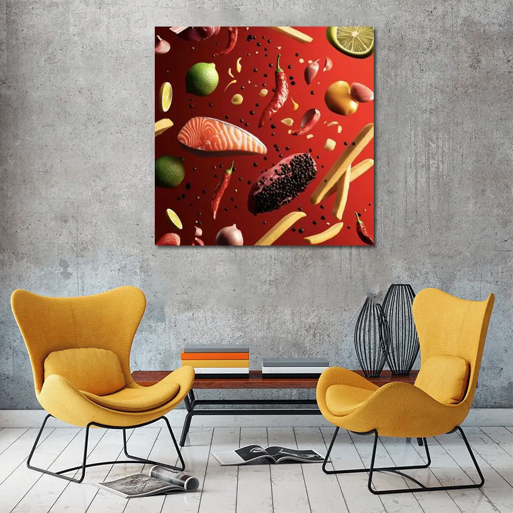 Flying Food Ingredients On Red Background – Wall Art