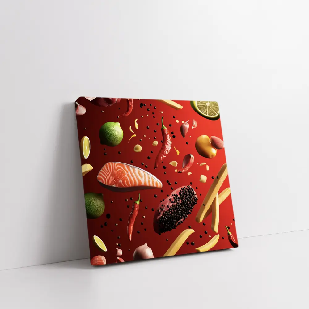 Flying Food Ingredients On Red Background – Wall Art