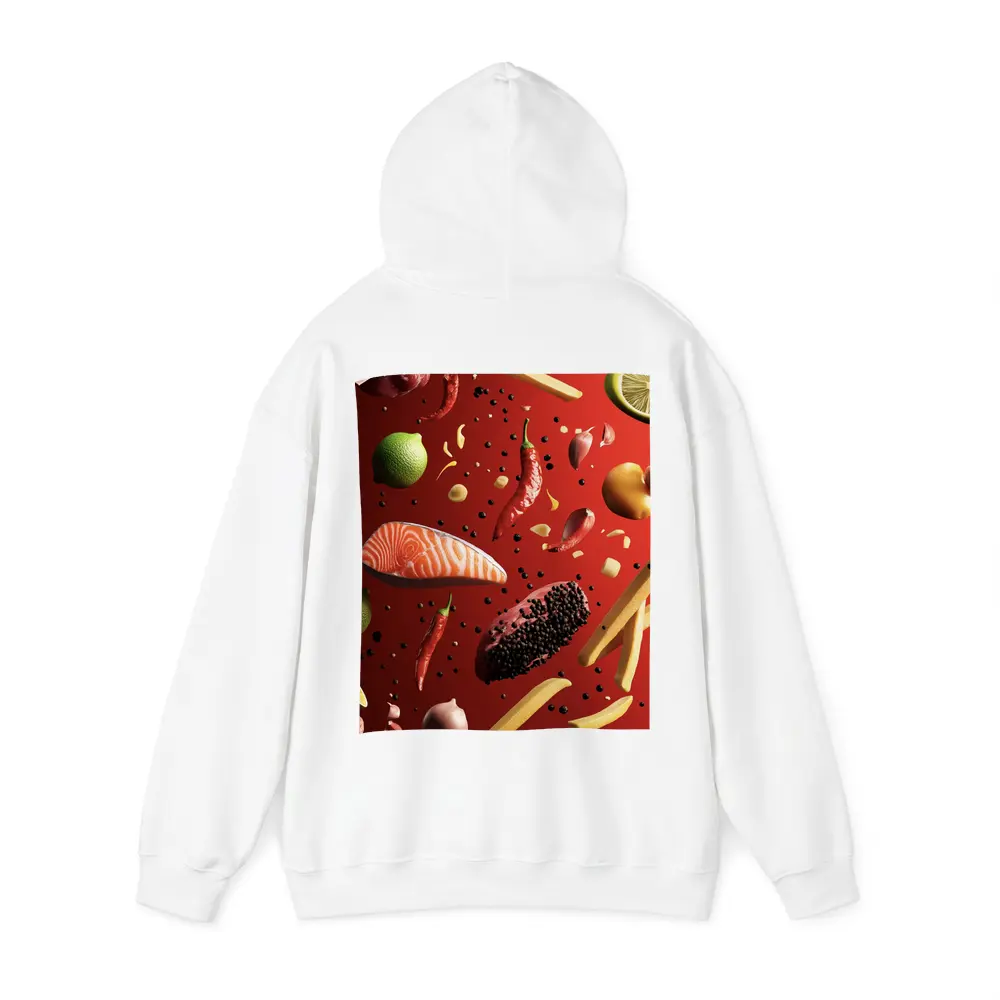 Flying Food Ingredients On Red Background – Hoodies