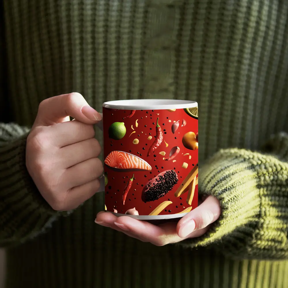 Flying Food Ingredients On Red Background – Mugs
