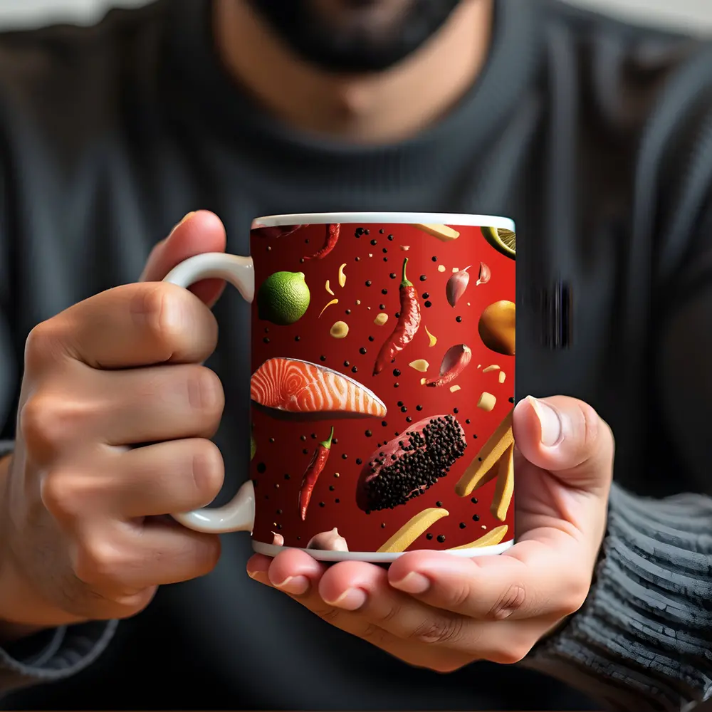 Flying Food Ingredients On Red Background – Mugs