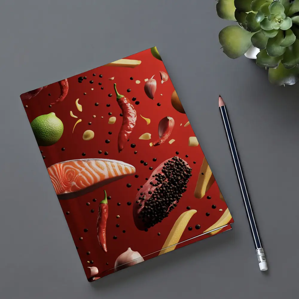 Flying Food Ingredients On Red Background – Notebooks
