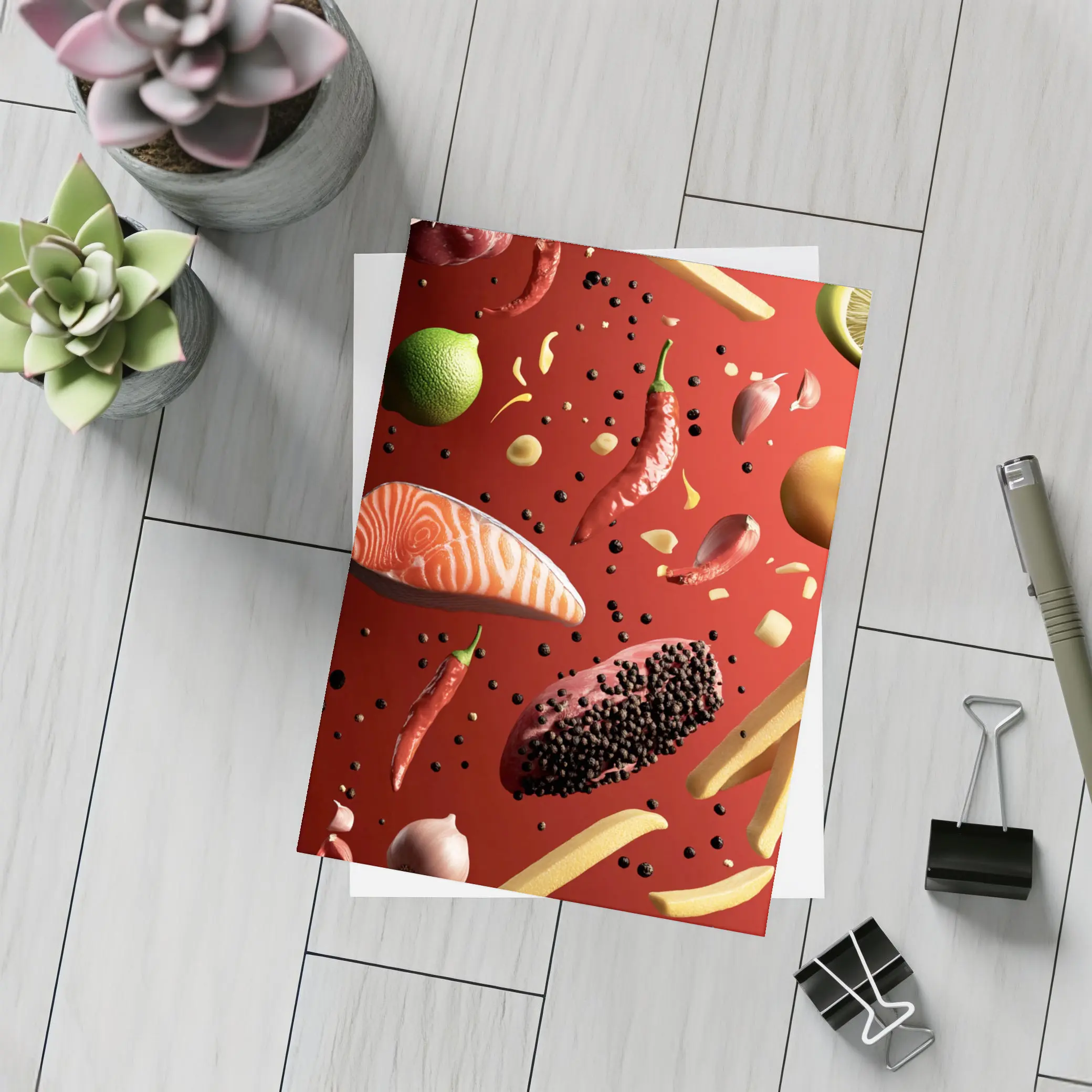 Flying Food Ingredients On Red Background – Postcards